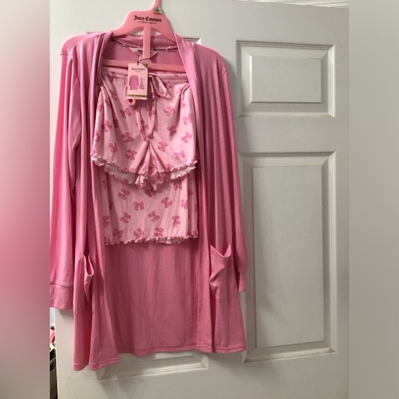 Juicy Couture Other - NWT Juicy Couture Pink Bow Print 3 Pajama Set Cardigan Rhinestone JC logo Size M